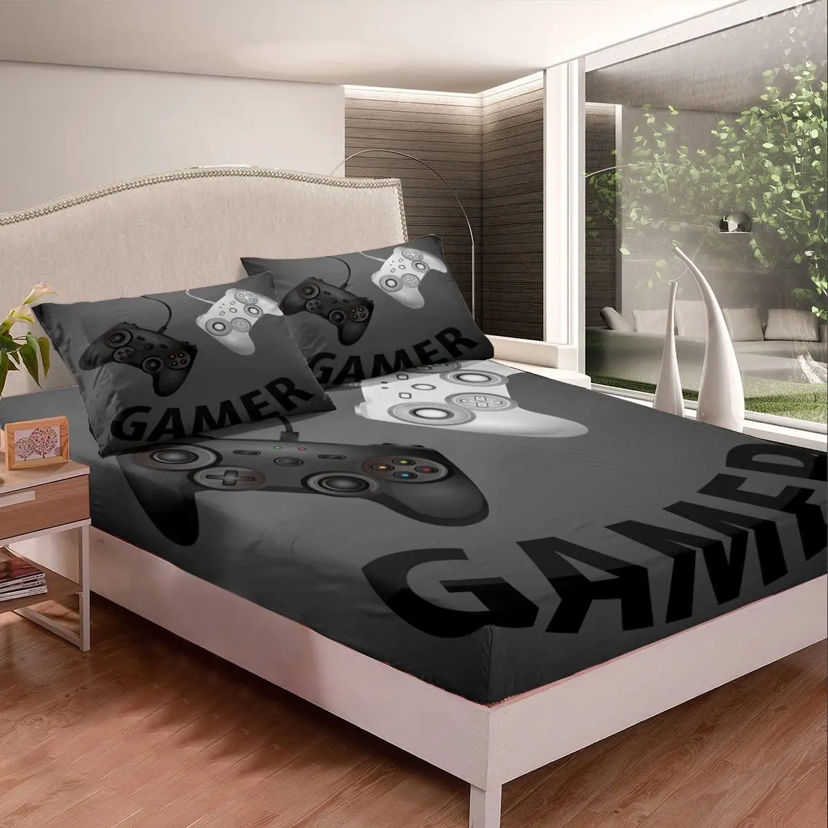 Gamer Fitted Sheet Gamepad with Button King Queen Size Polyester Bed