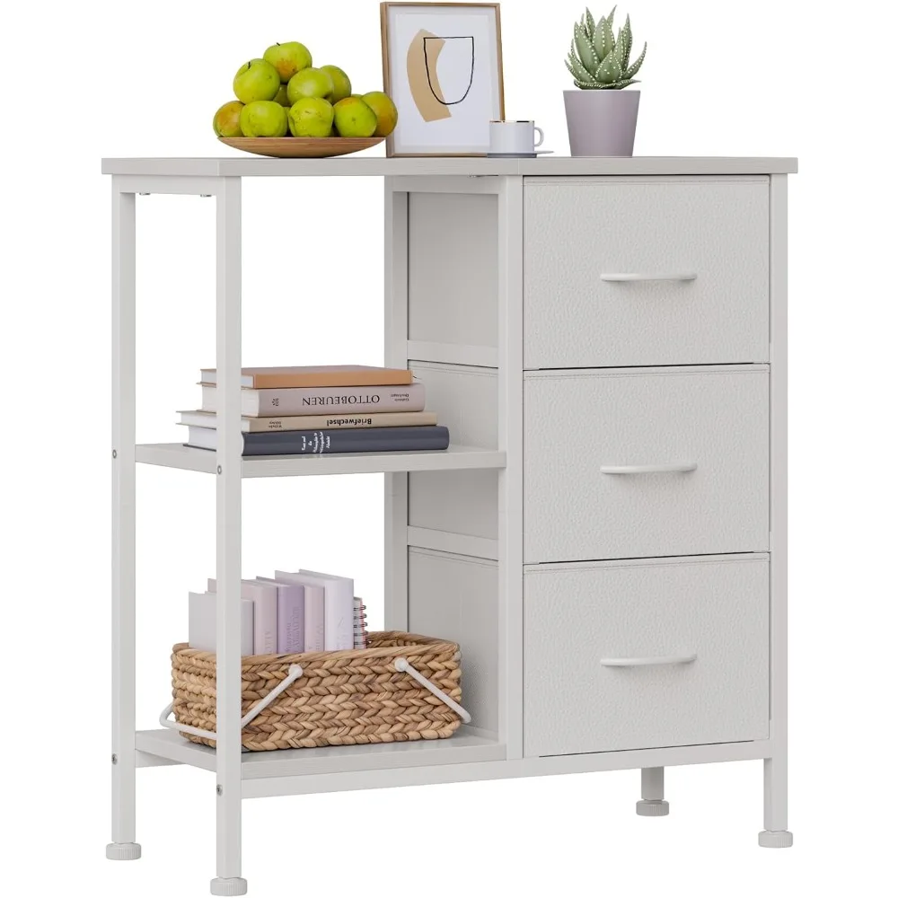 

3 Drawer White Dresser for Bedroom, Small Nightstand with Shelf, Side Table for Small Space, Fabric Dresser