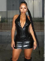Weird Puss Stylish Pu Dress Women Zip Halter Lace-Up Backless Sexy Low Chest Peach Hip Hottie Hipster Stretch Slim Streetwear