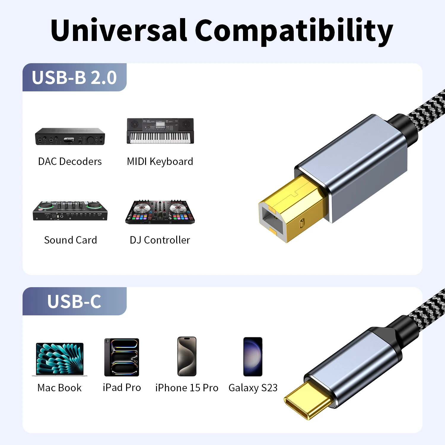 USB C-USB B 오디오 케이블 (미디 컨트롤러 키보드, 전자 피아노, 신디사이저, 사운드 카드, DAC, DJ 믹서 컨트롤러용)