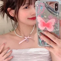 Kpop Goth – collier ras du cou avec nœud en ruban rose, Imitation de perles, Y2K, doux et mignon, pendentif en forme de cœur, chaîne de clavicule, bijoux Lolita pour filles 5