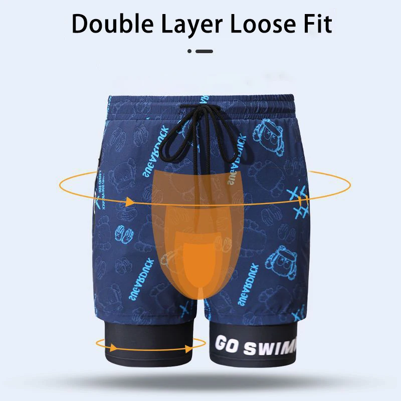 (EU2XS-XL)Mens Swim Trunks With Compression Liner Stretch Mens Swimwear 2 In 1 Quick Dry Running Gym Swim Shorts For Men