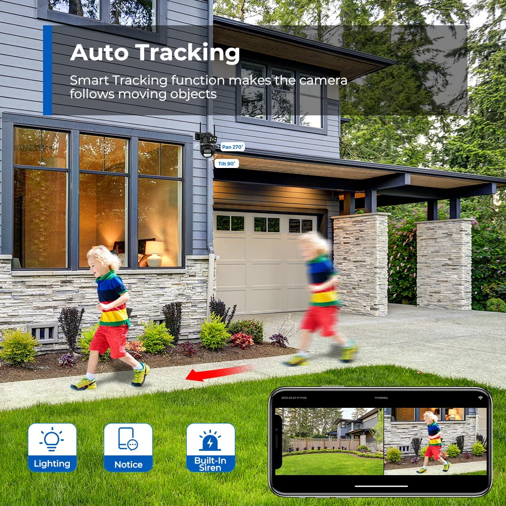 PTZ 8MP Wifi Camera Dual Screen Auto Tracking Color Night Vision Outdoor CCTV Ca