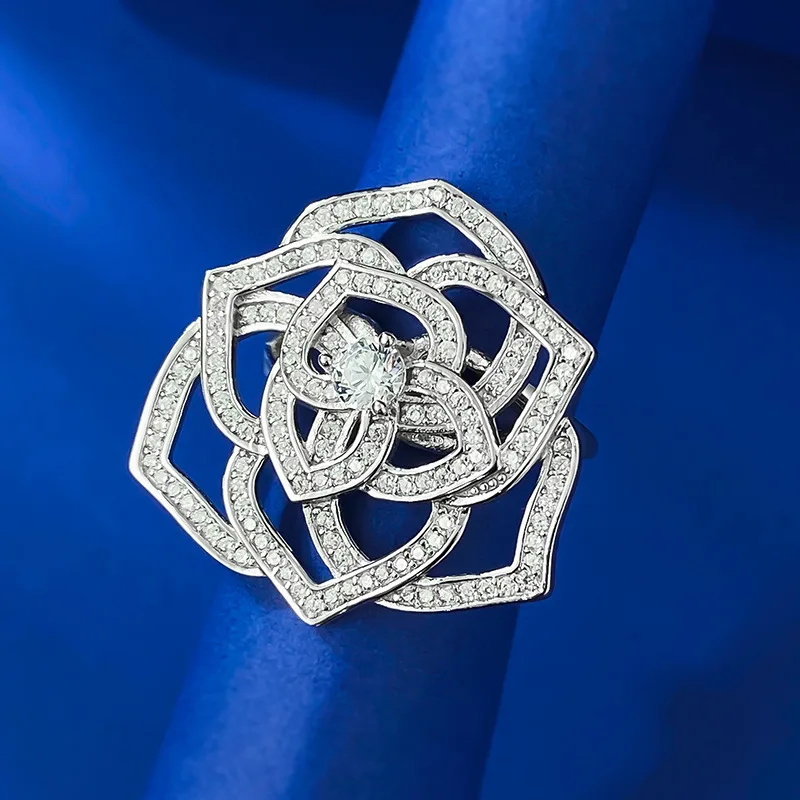 S925 Silver Mountain Camellia Ring Women's Rose Ring Temperament Simple and Advanced Sense Fashion Celebrity Style
