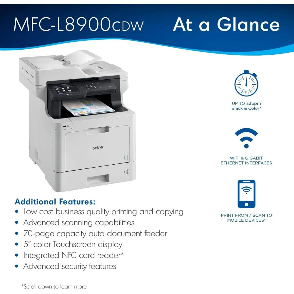 MFC-L8900CDW Business Color Laser All-in-One Printer, Dash Replenishment Ready