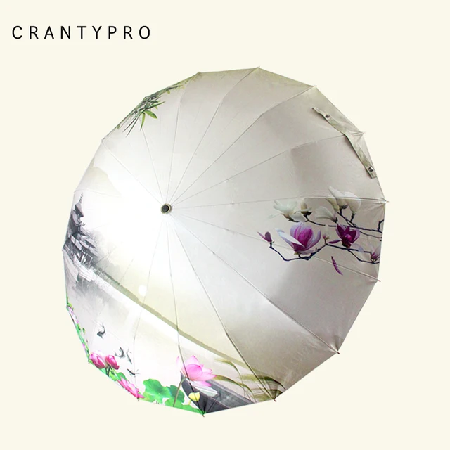 Crantypro Vintage Kopott Virágmintás Esernyő Elegáns Lótusz Háromszoros Gyerekek Tartós Hordozható Automatikus Nyitott Vízálló