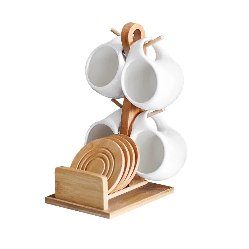 Ceramic coffee cup set Four-piece creative cup and saucer with bamboo frame combination coffee Mugs kitchen accessories coffee set