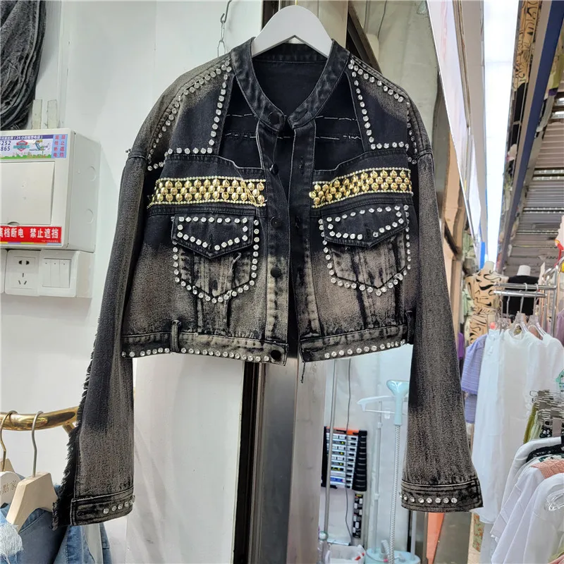 

Женская короткая джинсовая куртка, черная винтажная Повседневная Потертая джинсовая куртка с О-образным вырезом и бисером, с потертостями, весна 2019