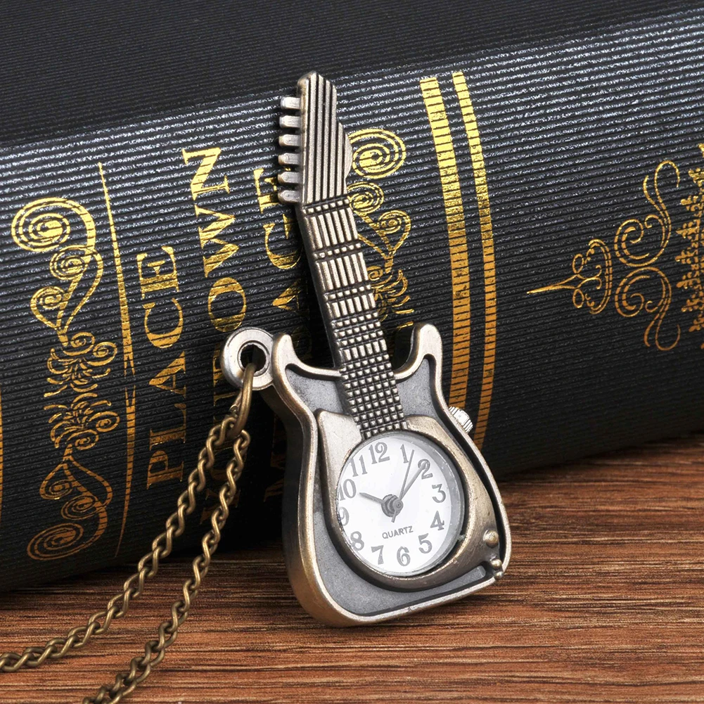 Small Lovely Guitar Pocket Watches with Necklace Chain Pendant Bracelet Numbers Pocket Watches Gift For Birthday Anniversary