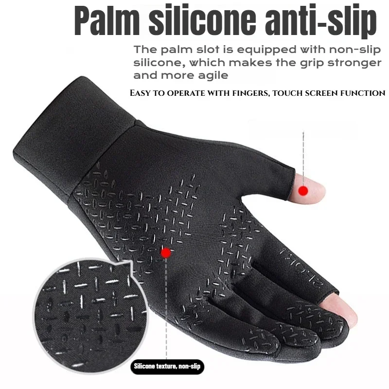 1Pair Fall Winter Second Finger Gloves Padded Warm Fishing Gloves Half Finger Touch Screen Windproof Anti-slip Cycling Sports
