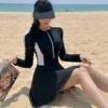New Long Sleeve One Piece Swimsuit Thermal Spa Zipper Simple Sport Style Color Block Swim Dress for Women Chinese Brand