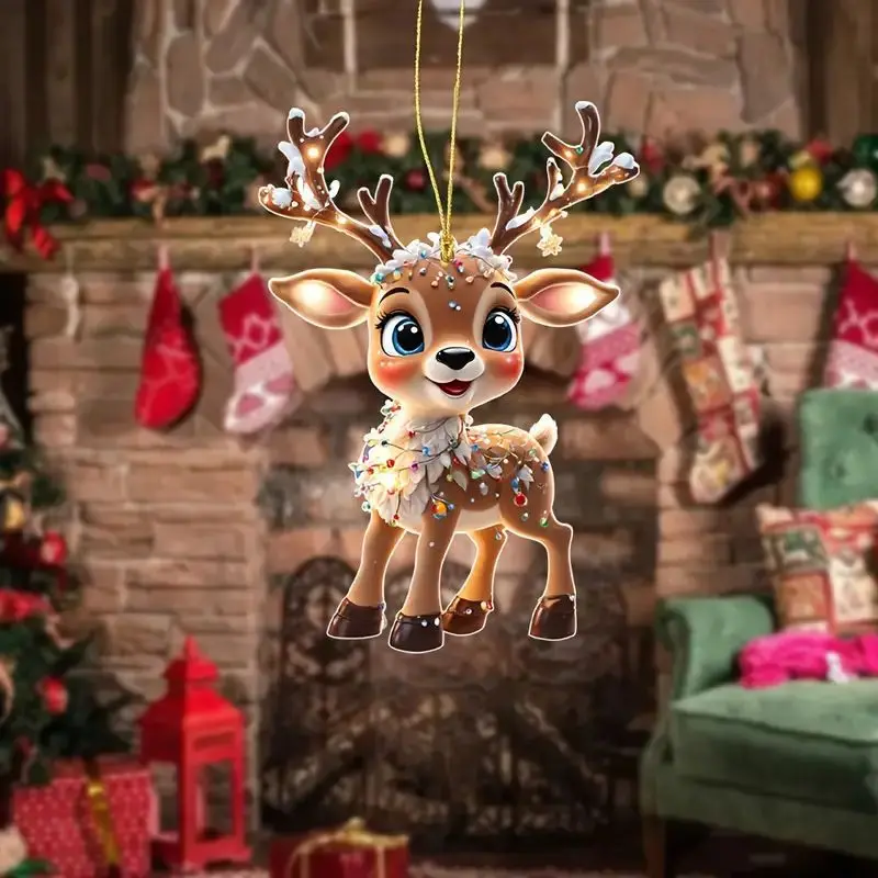 2D Acrylic Cartoon Fawn Christmas Tree Pendant Christmas Cartoon Cute Elk Hanging Decorations 2025 New Year Gifts Party Decor