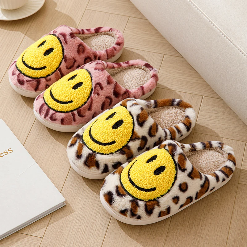 Leopard Fluffy Slippers for Home Smile Designer Platform Shoes Women 2024 Indoor Plush Sliders Warm Flats Chic Winter Footwear 2