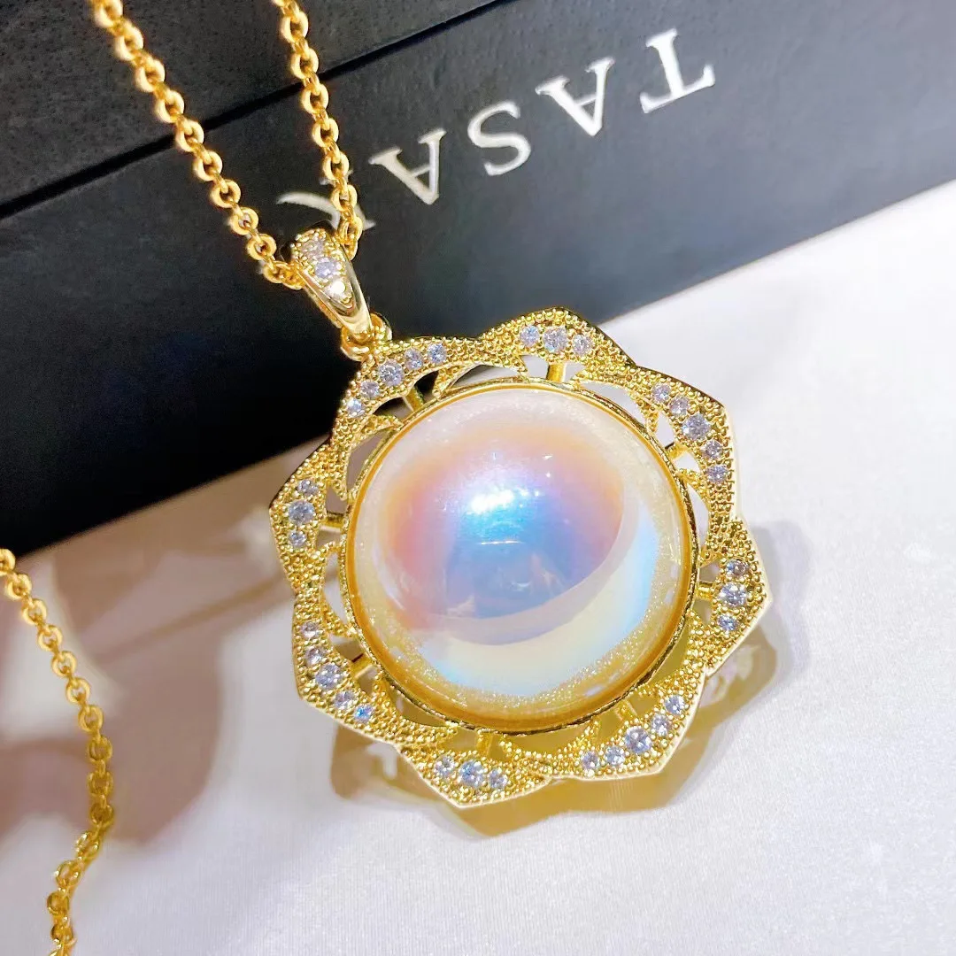 925 silver Flower shape pearl  imitation Marbel pendant retro elegant luxury  gilded jewelry