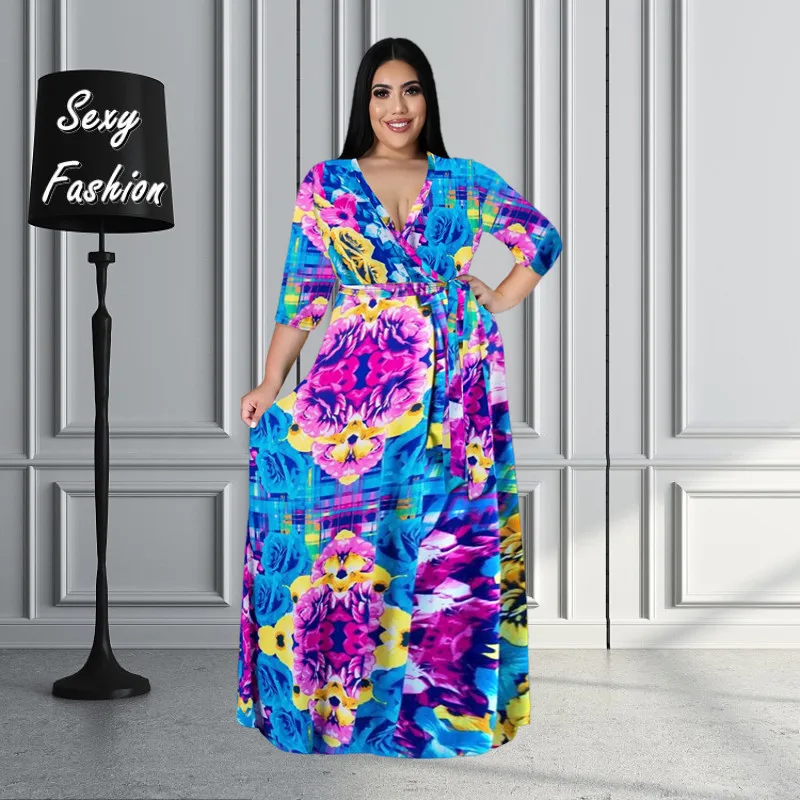 COSSEN Plus Size Maxi Dress - Short Sleeve V-Neck With Pockets, XL-5XL, Rayon Spandex