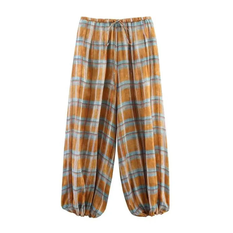 Women Autumn New Plaid Printed Loose Pants Female Fashion Versatile Drawstring Elastic Waist Pants Streetwear Casual Trousers