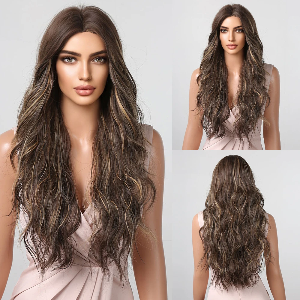 

HENRY MARGU Brown Mixed Blonde Highlight Synthetic Wigs for Black Women Long Wavy Natural Hair Wig Daily Cosplay Heat Resistant