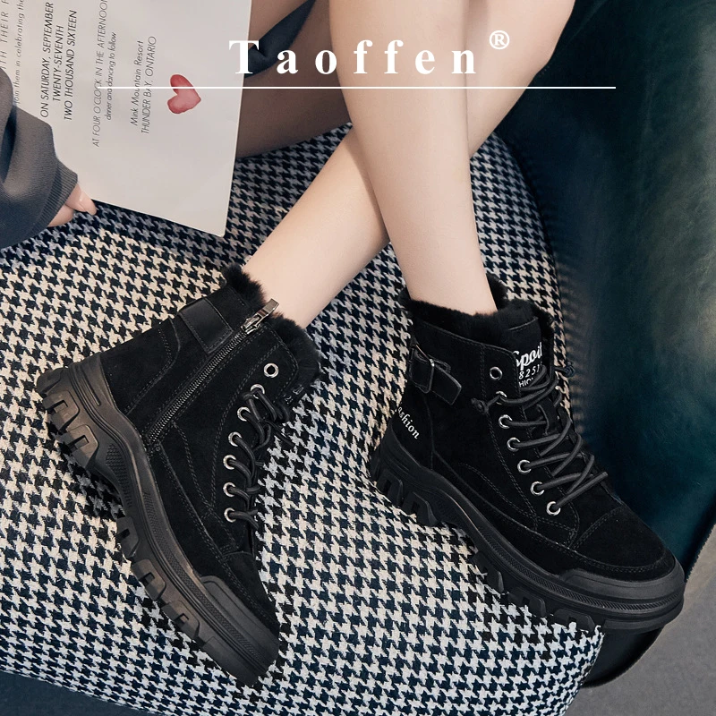 

Taoffen Winter Ankle Boots For Women Keep Warm Plush Flat With Retro Platform Non-slip Shoes Round Toe Zipper Office Lady Shoes