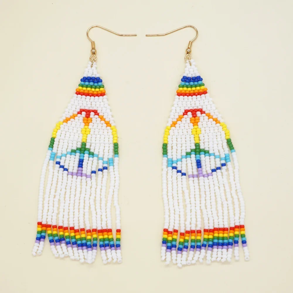 

Fringe Earrings Hand knitting Bohemia Beading Simple Symbol of peace fashion geometry alloy ma'am Rice Bead Earrings