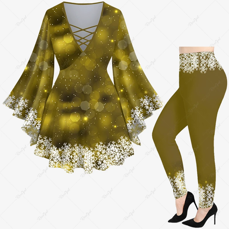 

2023 New Christmas Gingerbread Snowflake Glitter 3D Print Flare Sleeve Top Or Leggings Casual Maillard Color system Matching Set