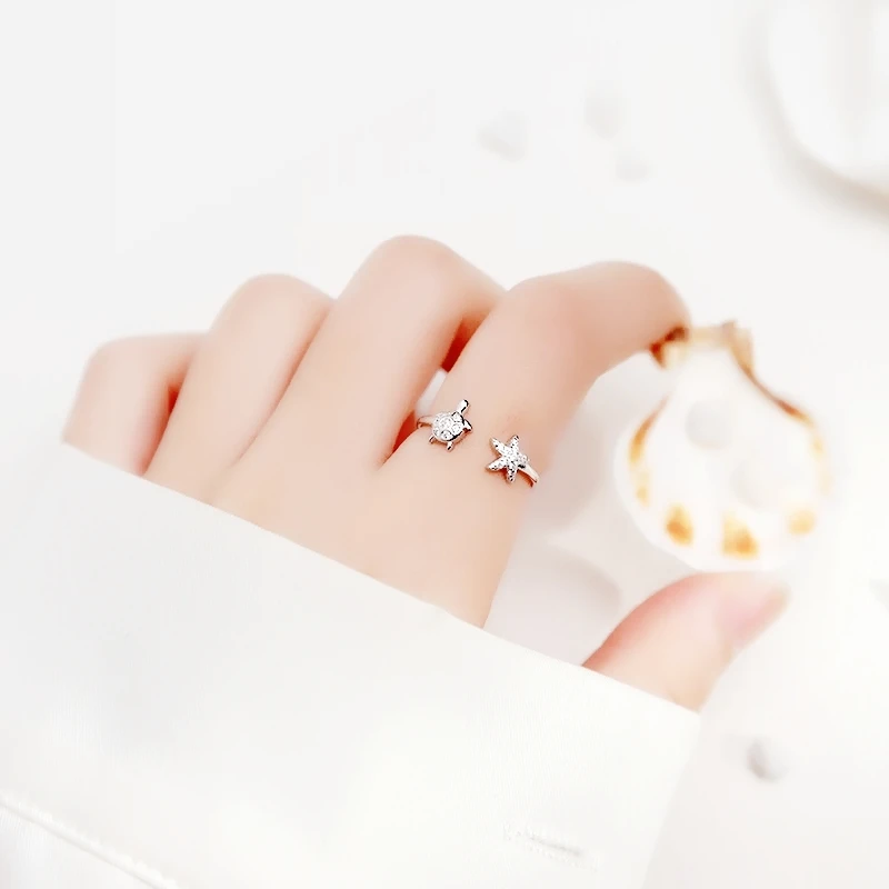 WYEAIIR 925 Sterling Silver Mini Cute Diamond Turtle Starfish Tortoise Resizable Opening Ring For Women Luxury Jewelry 2