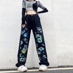 Hip hop handprint calças de brim mulher lavagem ajustável de cintura alta denim calças compridas streetwear urbano
