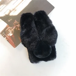 Soft Plush Furry Rabbit Bunny Fur Phone Case - Warm Winter Edition for Infinix Hot 10 (Black)