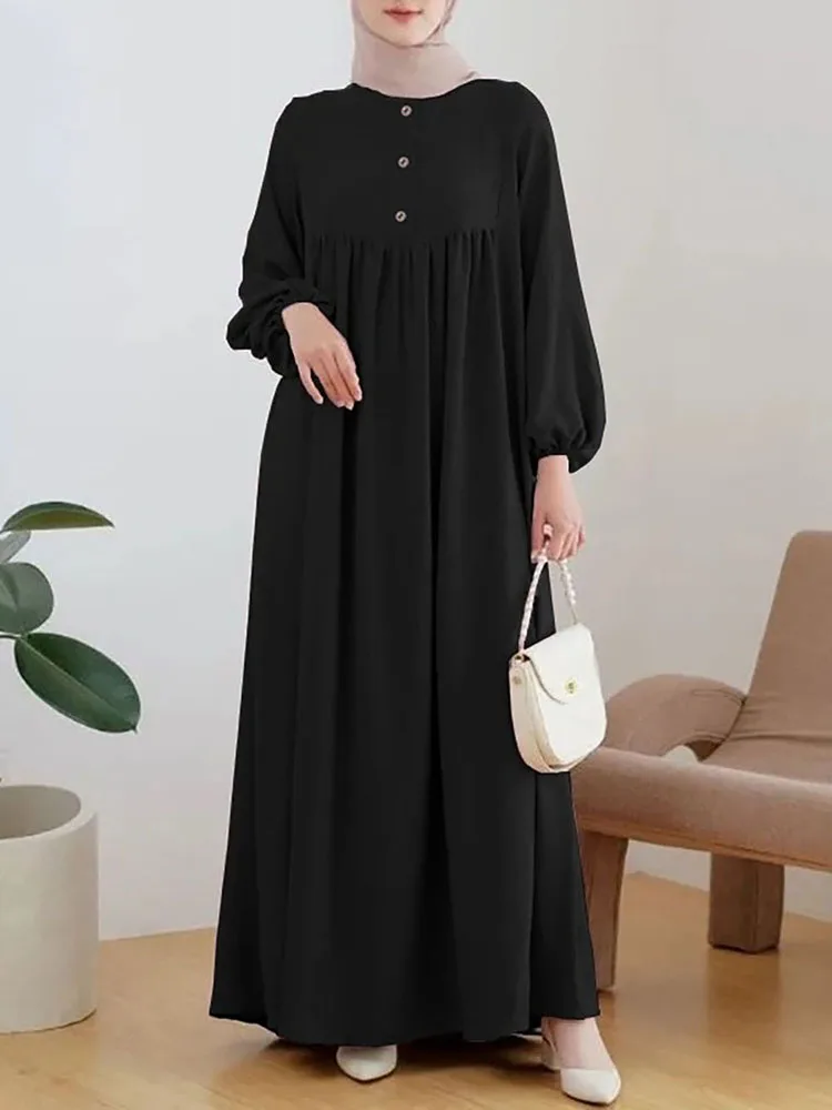 Elegant Women's Vintage Round Neck Long Sleeved Muslim Dresses Spring Fall Fashion Solid Loose Casual Ladies Dubai Turkish Abaya