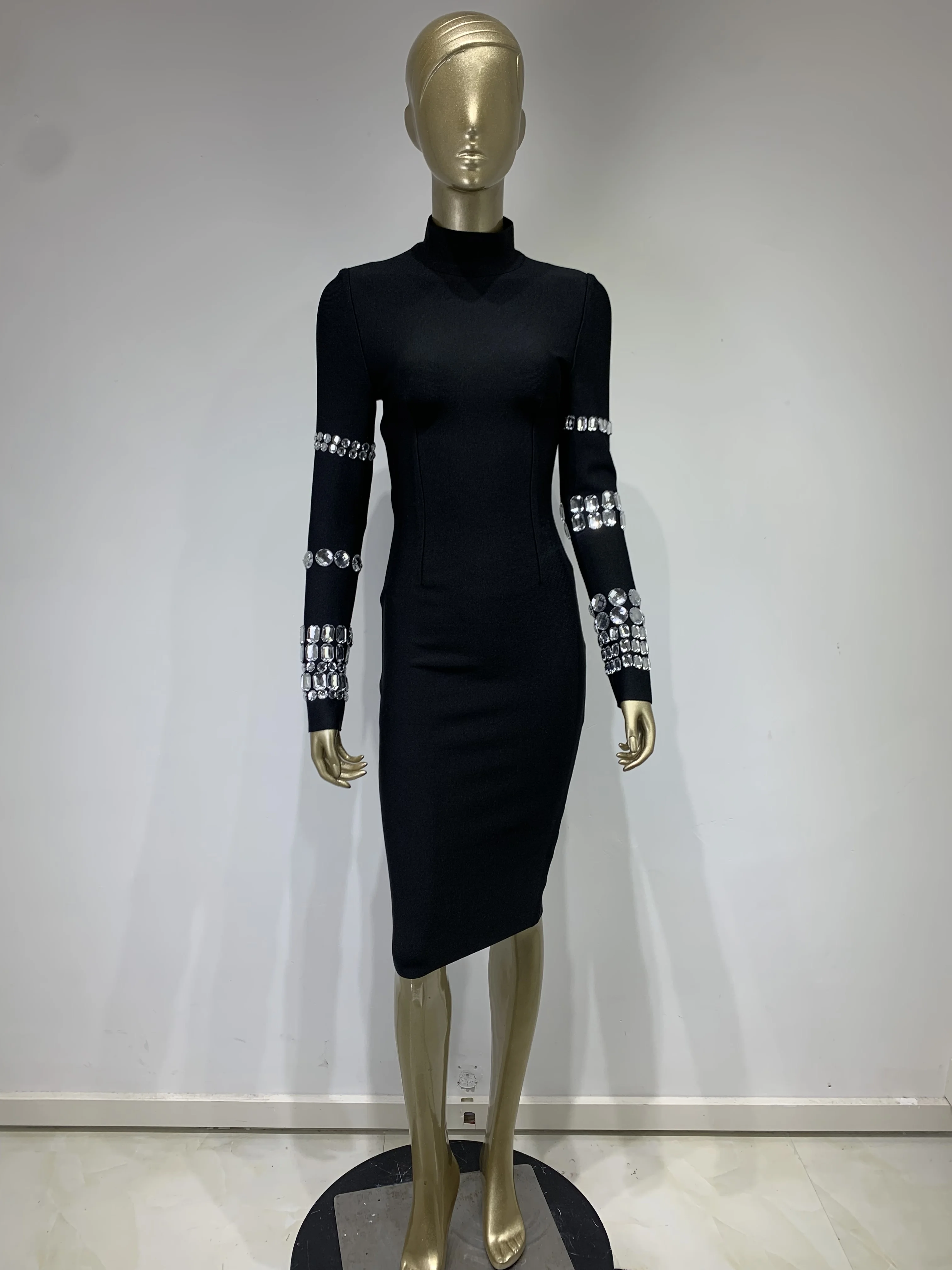 Vestido de gola alta preto feminino, comprimento do joelho, longo