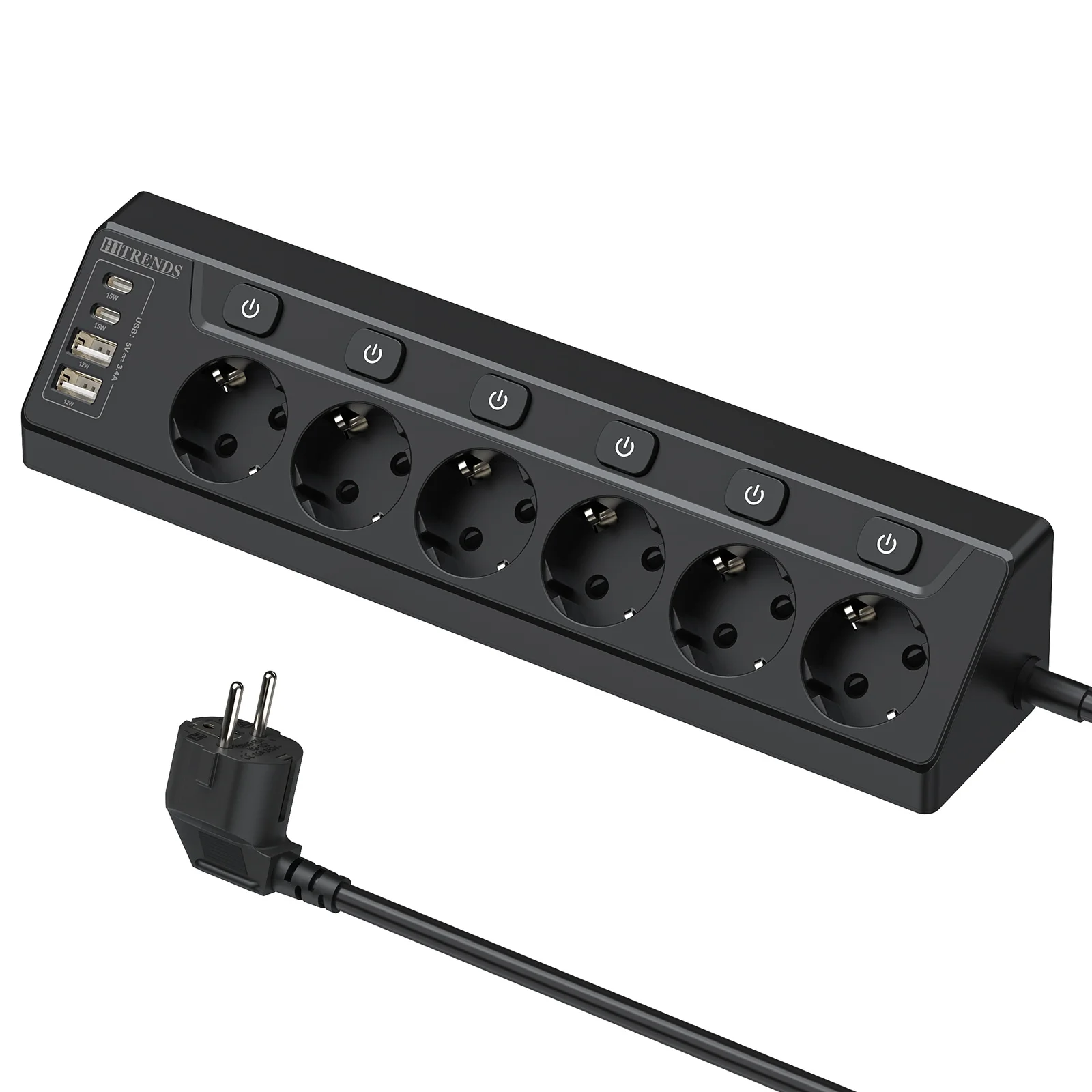 Europäische Multi-Plug-Desktop-Steckdosenleiste, 6 AC-Steckdosen mit 6 Schalternensteuerung und 4 USB-Anschlüssen, 2 m Verlängerungskabel für Zuhause