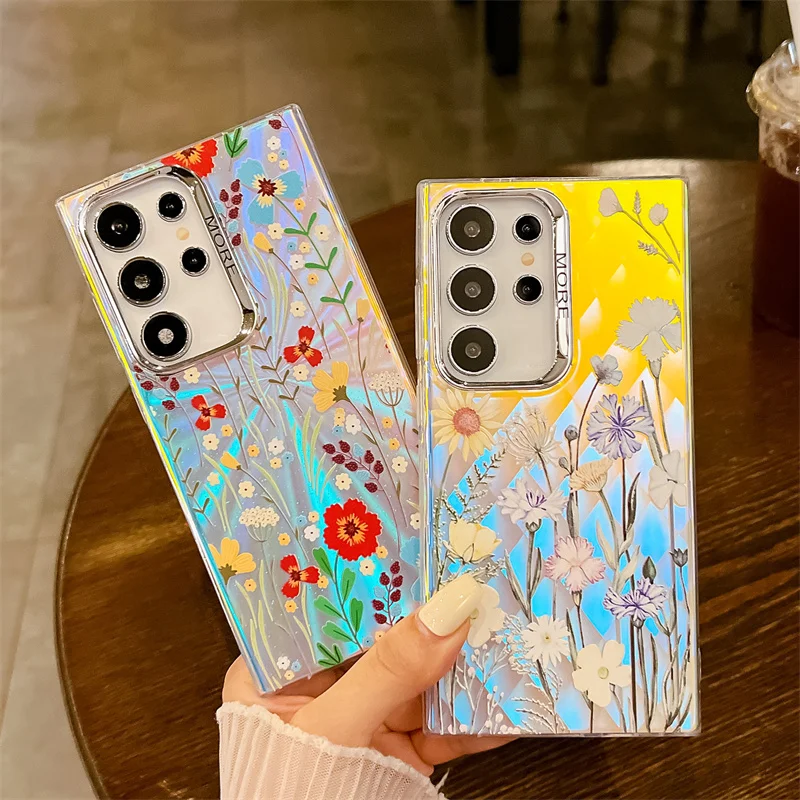 Coque de téléphone à motif de fleur laser pour Samsung Galaxy S25 S23 FE S24 Plus S22 Ultra A14 A15 A55 A54 A25 A35 A34 Coque arrière rigide en PC mat_voghion.com