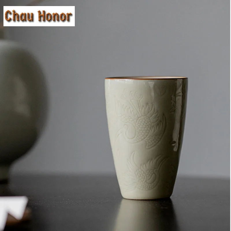 90ml Boutique Honey Glaze Ceramic Tea Cup Embossed Crane Art Smelling Cup Large Personal Master Cup Meditation Cup Kung Futeaset