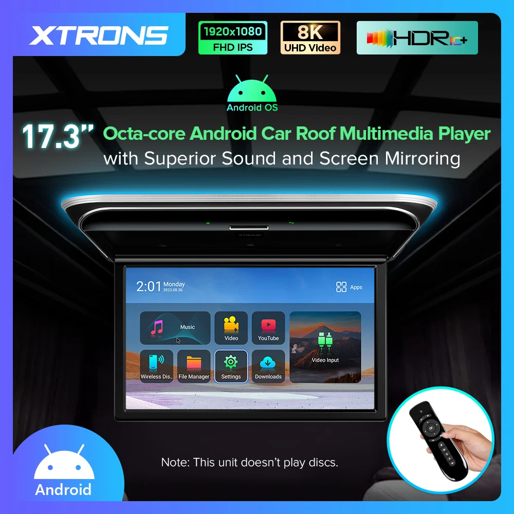  XTRONS Reproductor de 19.5 pulgadas para coche, pantalla ancha  16:9, 1080P, video para montaje en techo, monitor ultradelgado para coche,  compatible con IR, HDMI, USB, entrada AV, altavoces estéreo : Electrónica