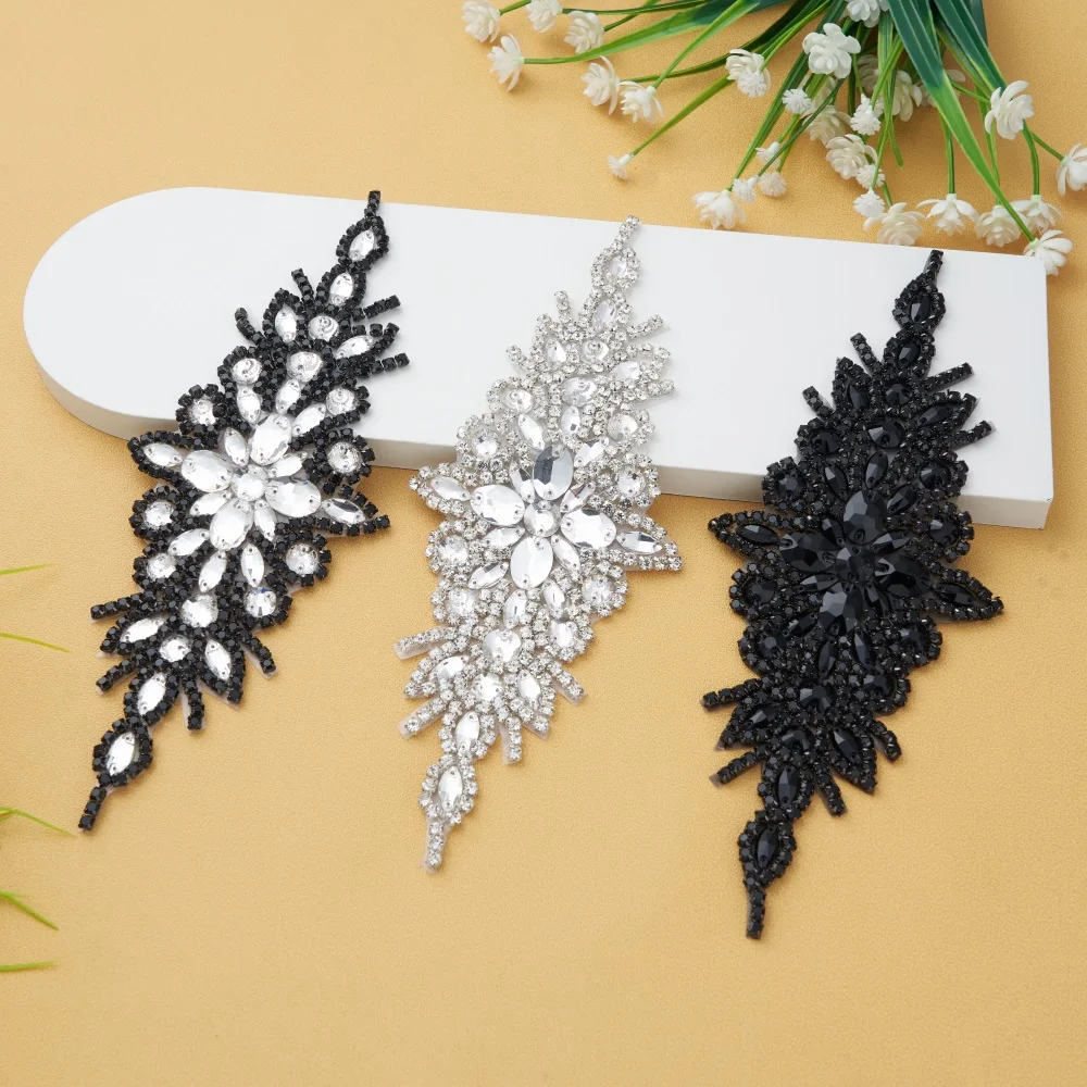 

FZD 1 PC Black Rhinestone Applique Flower Patches Iron on/Sew on Wedding Dress Accessories for Clothes Decoration Handmade DIY