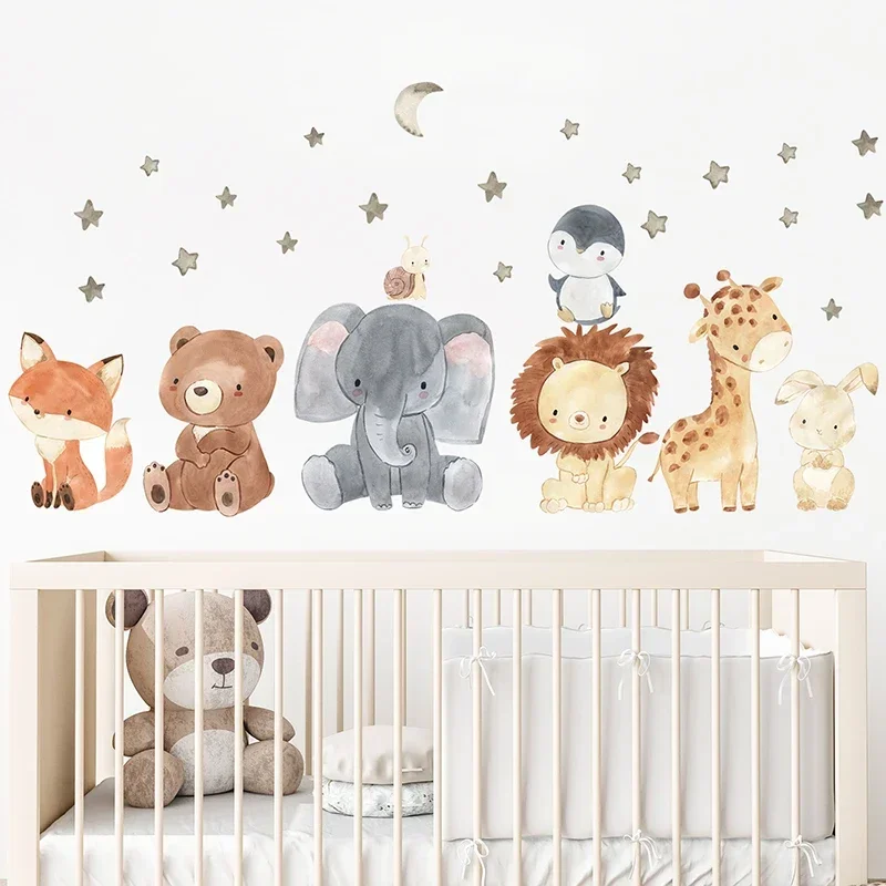 Watercolor Cartoon Cute Africa Animals Wall Stickers Elephant Giraffe Bear Fox Kids Room Wall Decals Decorative Sticker for