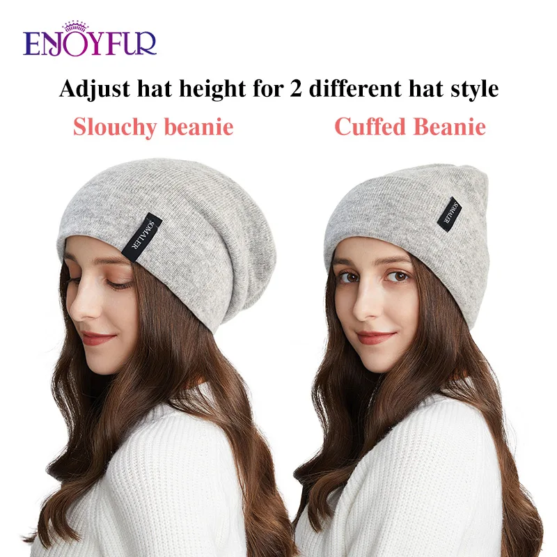 ENJOYFUR Women Winter Hats Cashmere Wool Knit Beanie Hat Soft Warm Double Layer Unisex Cuffed Slouchy Beanie Ski Cap 5