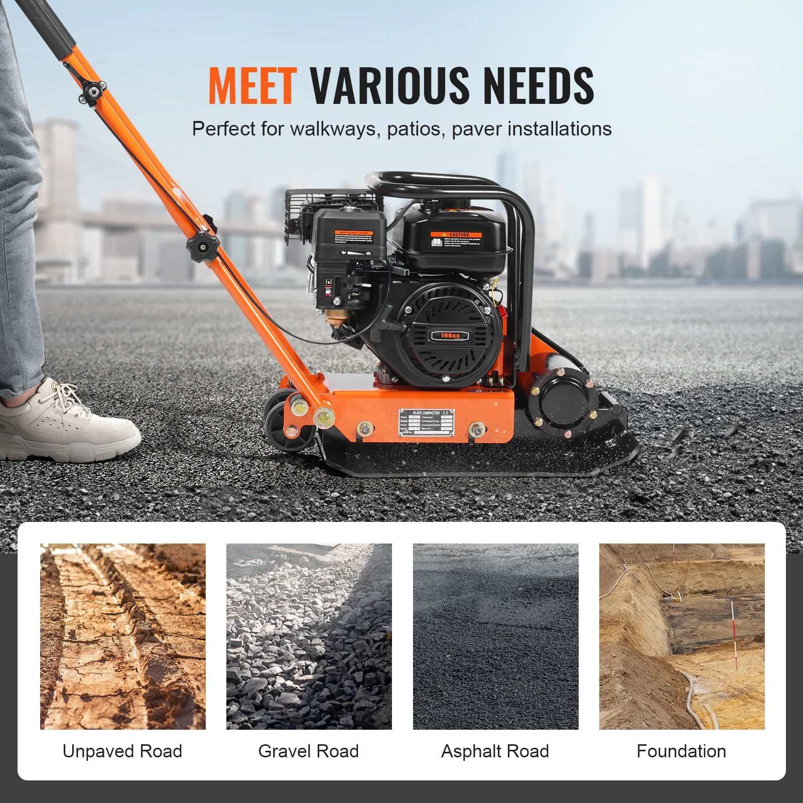 Gasoline Plate Compactor 2.8/6.5 HP Force Vibratory Compaction Tamper for Walkways, Patios, Asphalts, Paver Landscaping