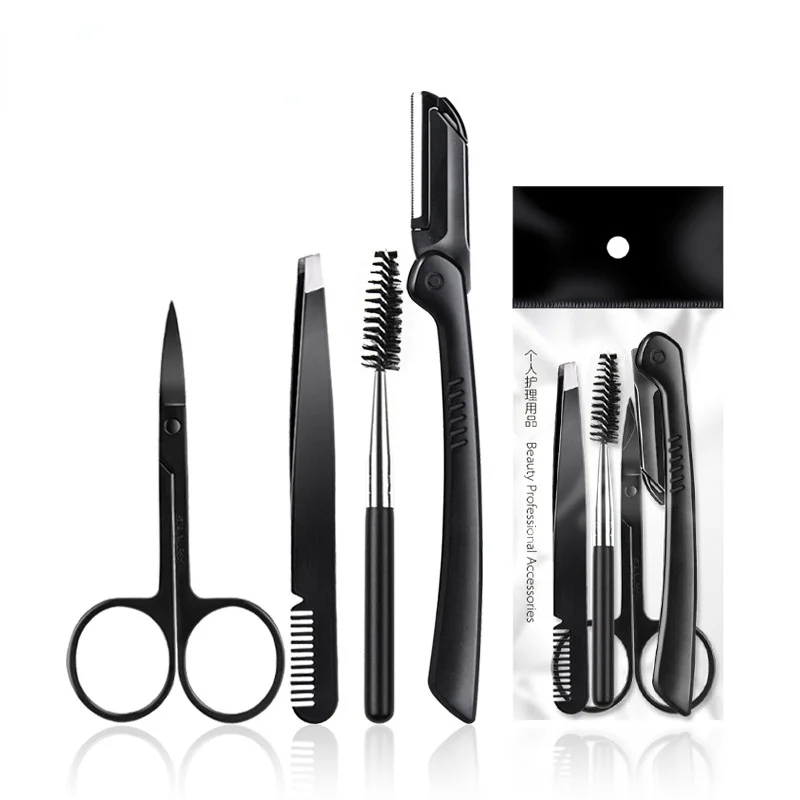 Black Eyebrow Trimming Scissors Stainless Steel Tweezers Eyebrow Scraping Comb Razor Clip Makeup Tools Sets