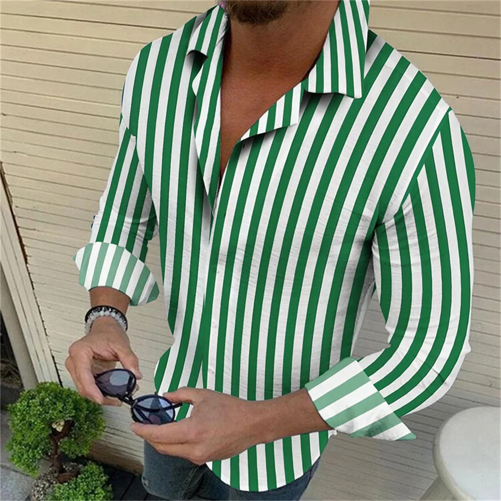 

Men's summer long button up lapel shirt with striped plaid print fashionable and popular street men's clothing