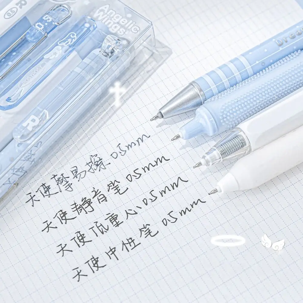 4Pcs/Set 0.5mm Pearl Angel Gel Pen Set Soft Comfort Grip Gel Ink Black Ink Exam Pens Wing Design Smooth Writing