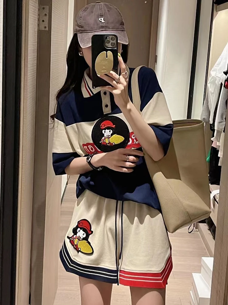 Letter Cartoon Casual Tracksuit Suit Women 2024 Summer Y2K Streetwear Short Sleeved Turndown Collar T-Shirt Shorts 2 Piece Sets