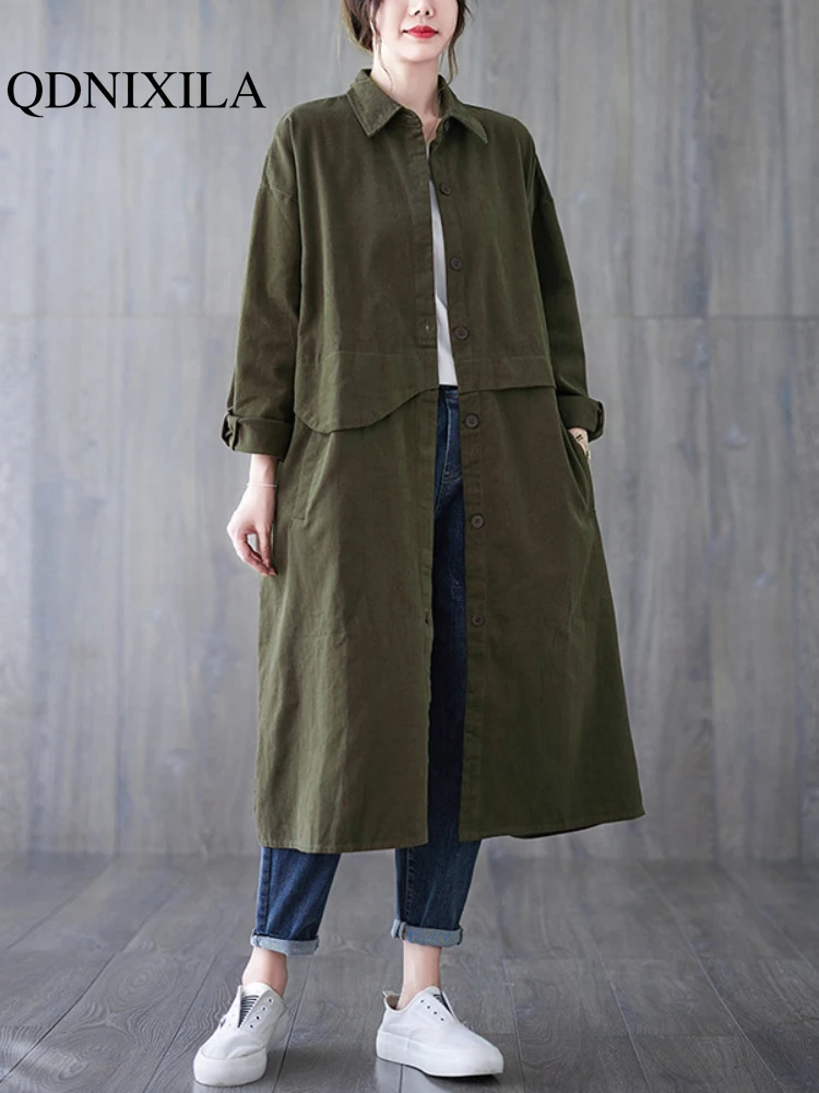 

Женское пальто, Новинка осени 2023, винтажная однобортная ветровка средней длины с воротником-поло и длинными рукавами, универсальное свободное приталенное пальто