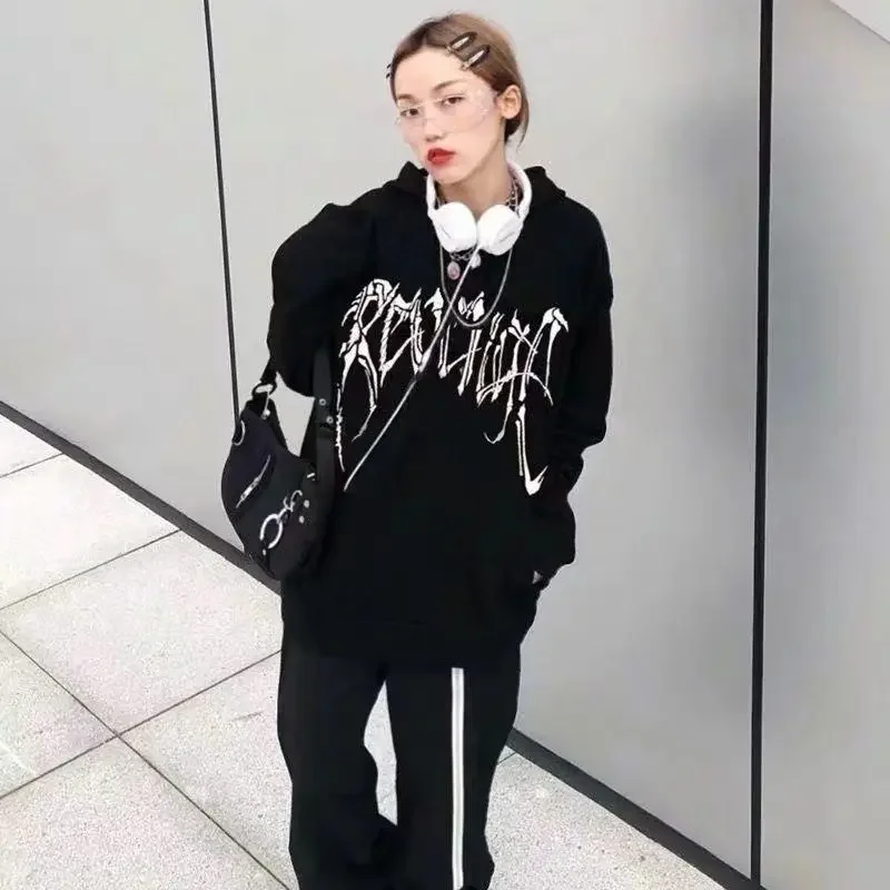 

Letter Printing Grunge Text Woman Clothing Women's Sweatshirt Hooded Punk Hoodies Black Pullovers Japanese Streetwear M Xxl