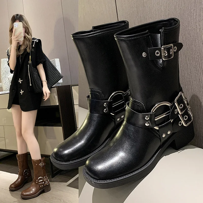 High Quality Ladies Shoes 2026 Autumn Winter New Women's Western Cowboy Boots Retro Brown Belt Buckle Round Head High Boots