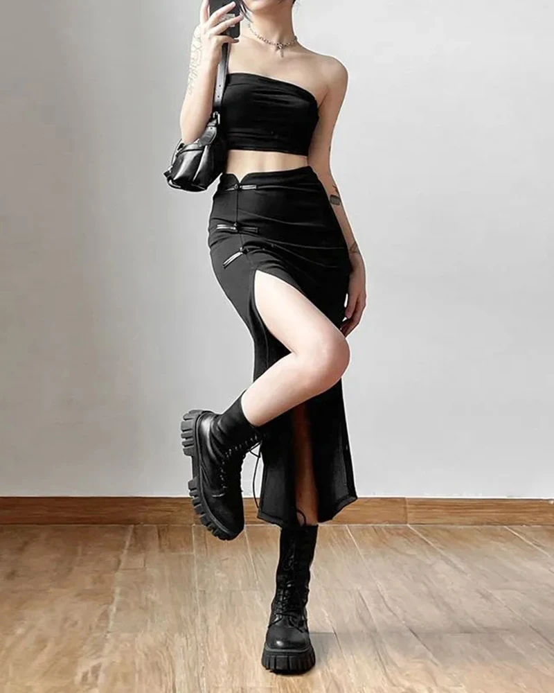 Y2K Black Sexy Split midi Skirts summer Casual Korean Slim a line skirts Gothic high waist streetwear All Match skirts