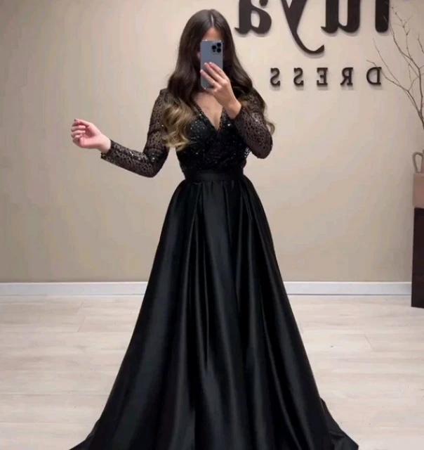 Robe de soirée longue en Satin pour femmes, demi manches, col en V,  paillettes de couleur Pure, hiver automne, robe soiree femme longue de luxe  2022 - AliExpress