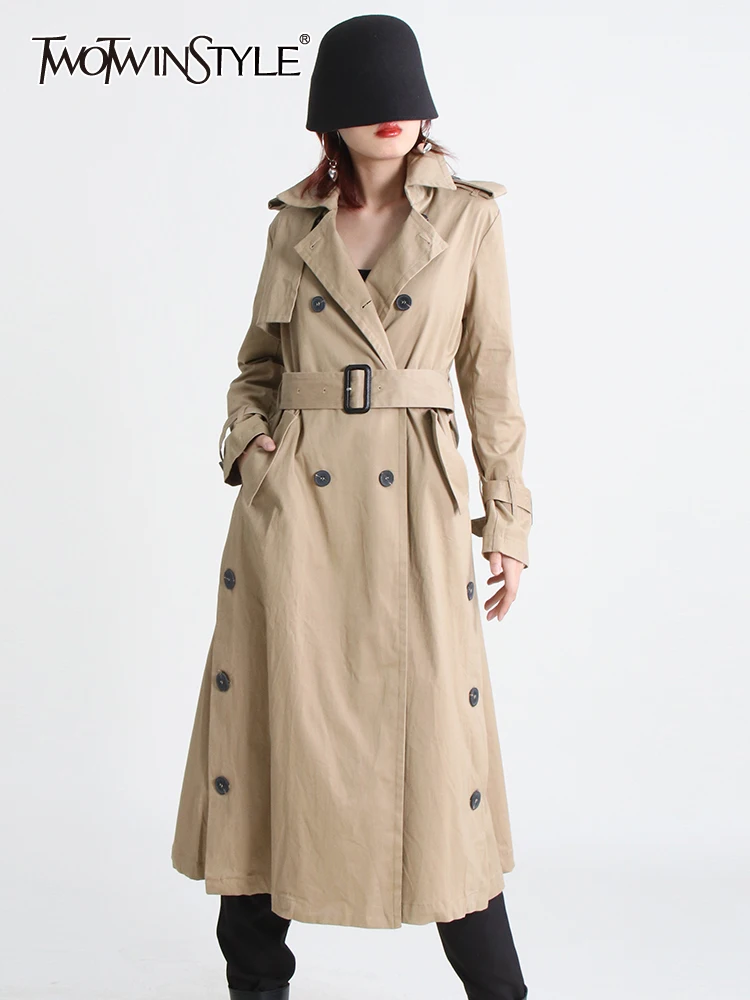 

TWOTWINSTYLE Streetwear Windbreaker Female Lapel Long Sleeve Double Breasted Patchwork Belt Loose Trench Female Autumn 2022 New