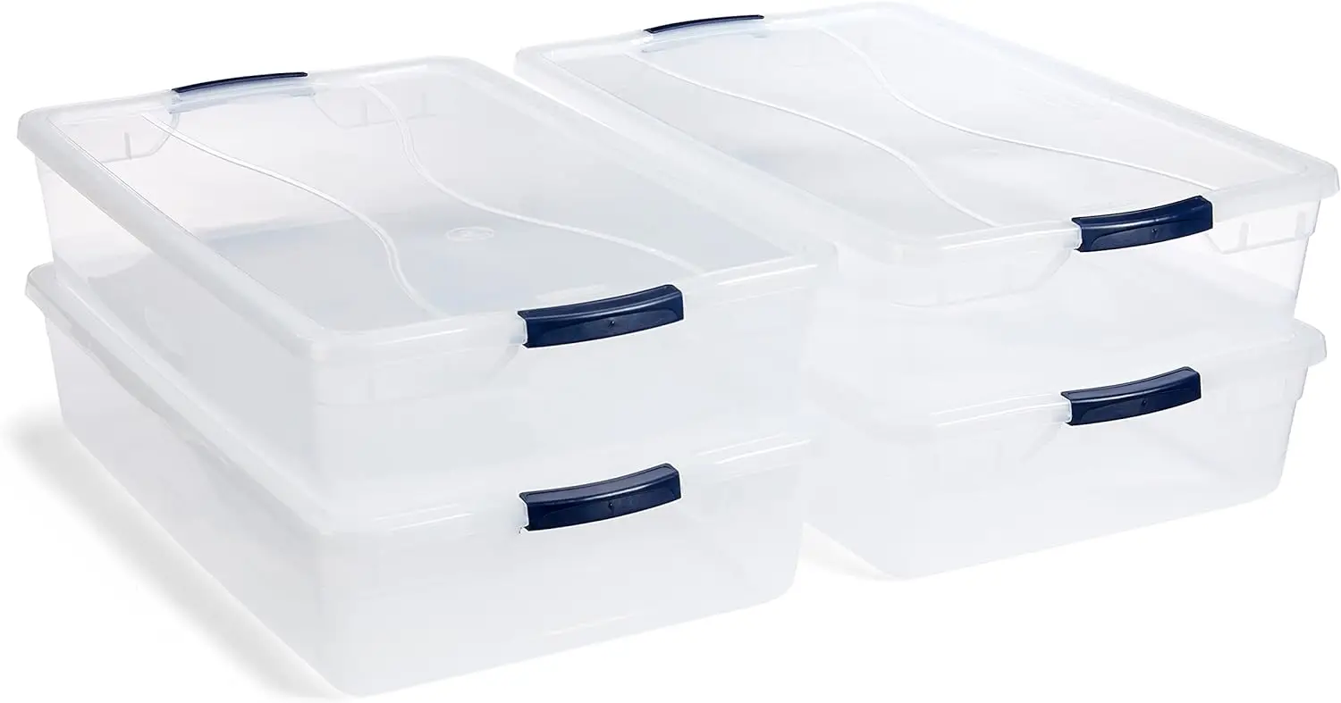 

41 Quart Stackable Plastic Storage Container Organizer Bin with Latching Lids for Garage, Closet, and Classroom, Clear, 4 Pack
