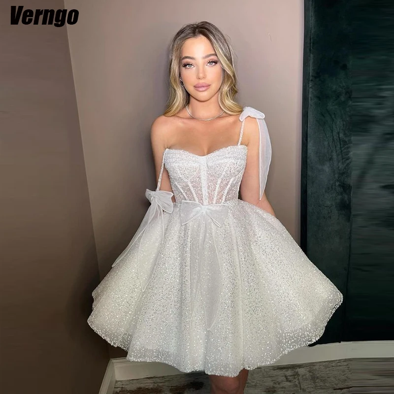 

Verngo Glitter Short Women Wedding Dresses Sweetheart Spaghetti Straps Bridals Gowns Princess A-line 2024 Bride Dress