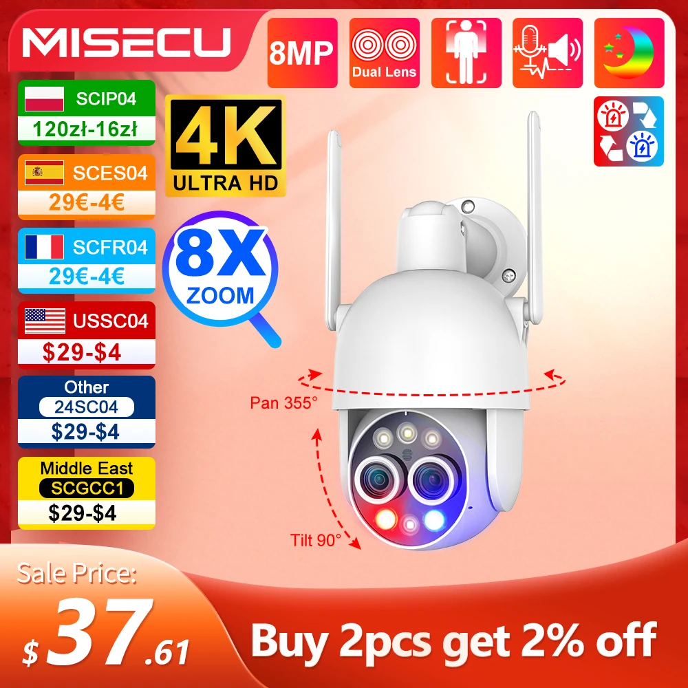 MISECU UHD 4K 8X PTZ Hybrid Zoom 2.8mm 12mm Dual Lens  Wireless IP Camera 8MP Human Detect Auto Tracking Wifi Camera Color Night